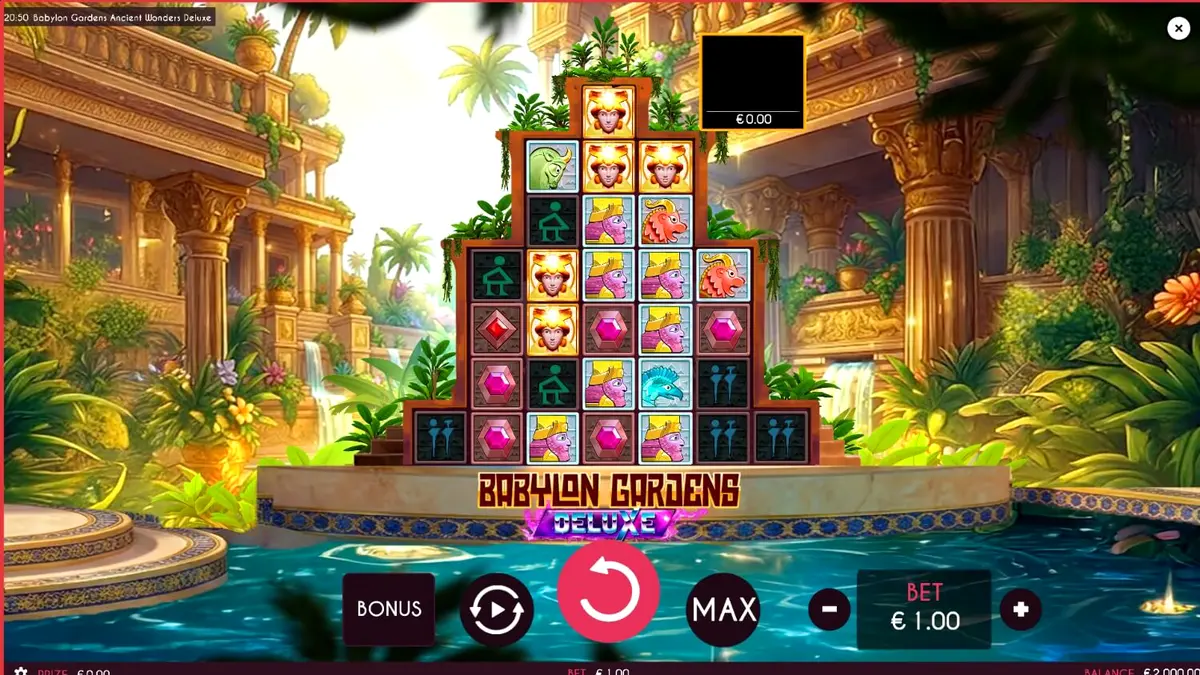 Pemandangan visual slot Babylon Gardens Ancient Wonders Deluxe dengan latar belakang taman gantung kuno.