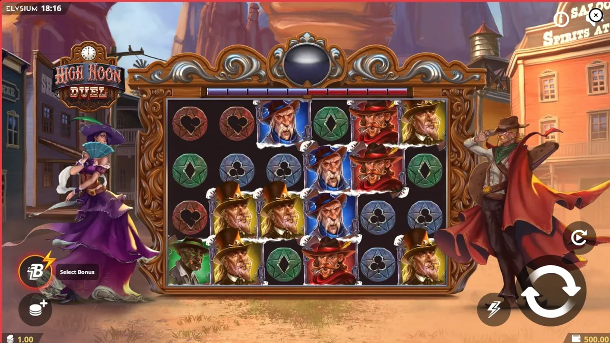 Tampilan visual slot High Noon Duel dengan latar belakang gurun dan karakter koboi