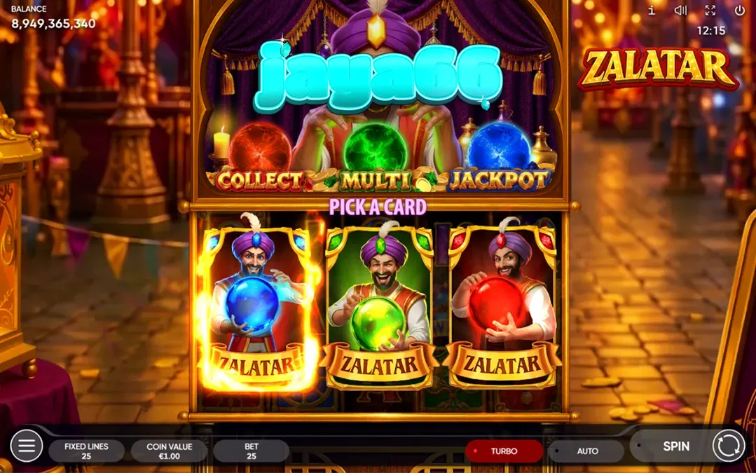 Tampilan visual slot Zalatar dengan tema ramalan nasib dan orbs berwarna